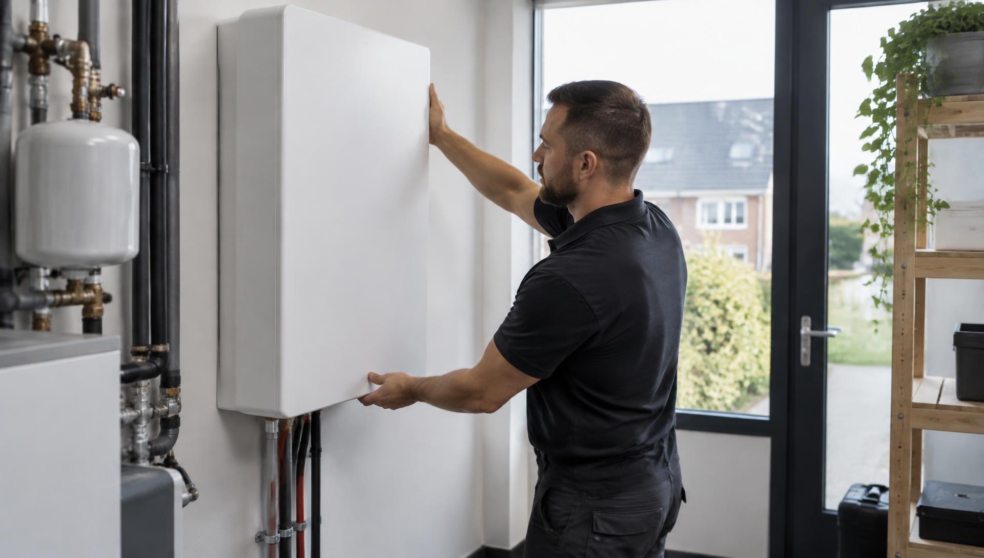 Installateur monteert een thuisbatterij aan de wand in een technische ruimte